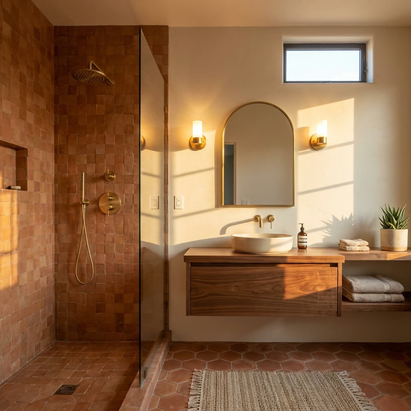 Reference image: a remodeled bathroom with a tiled walk in shower and a double vanity