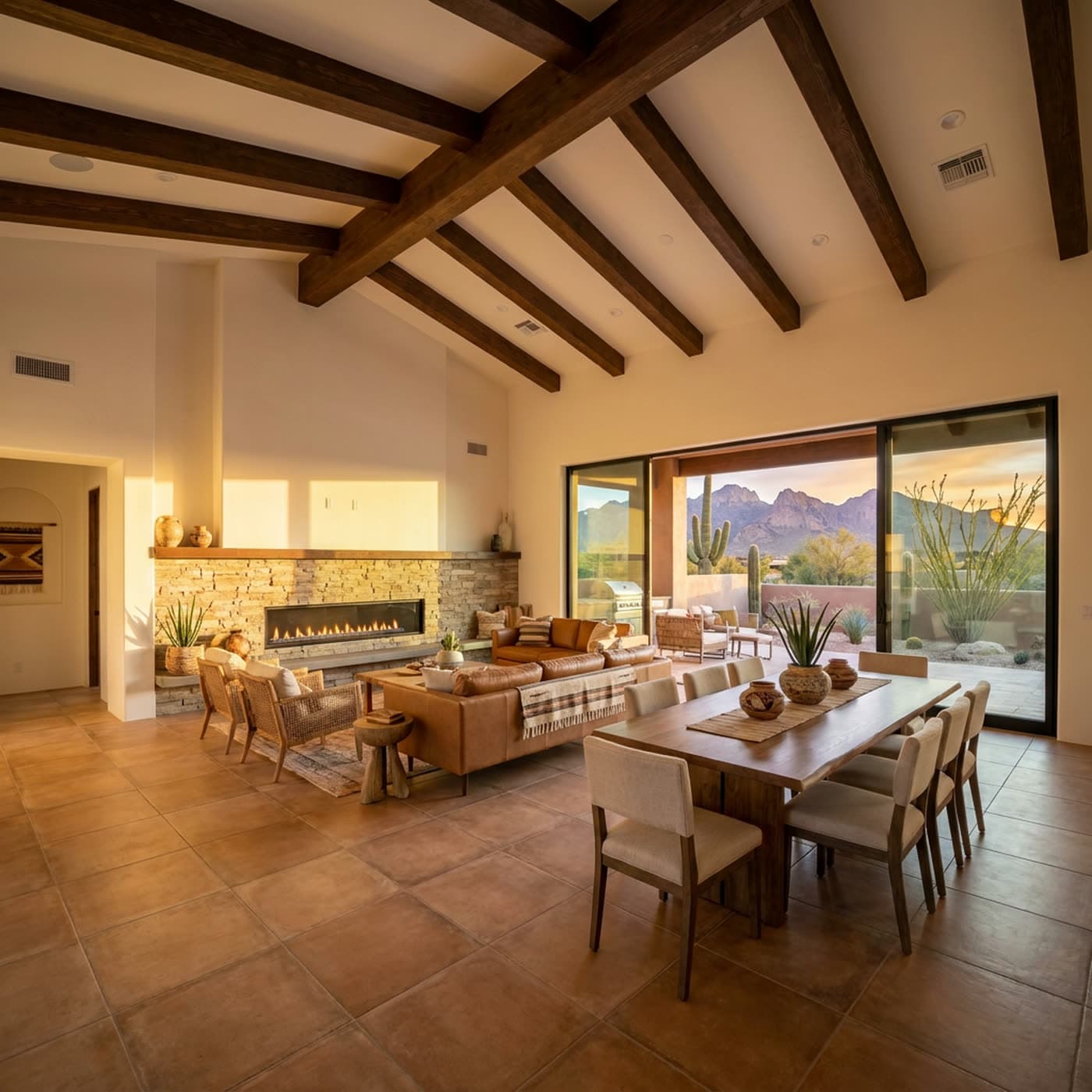 Reference image: an open plan great room with a vaulted ceiling, stone fireplace, and wood flooring