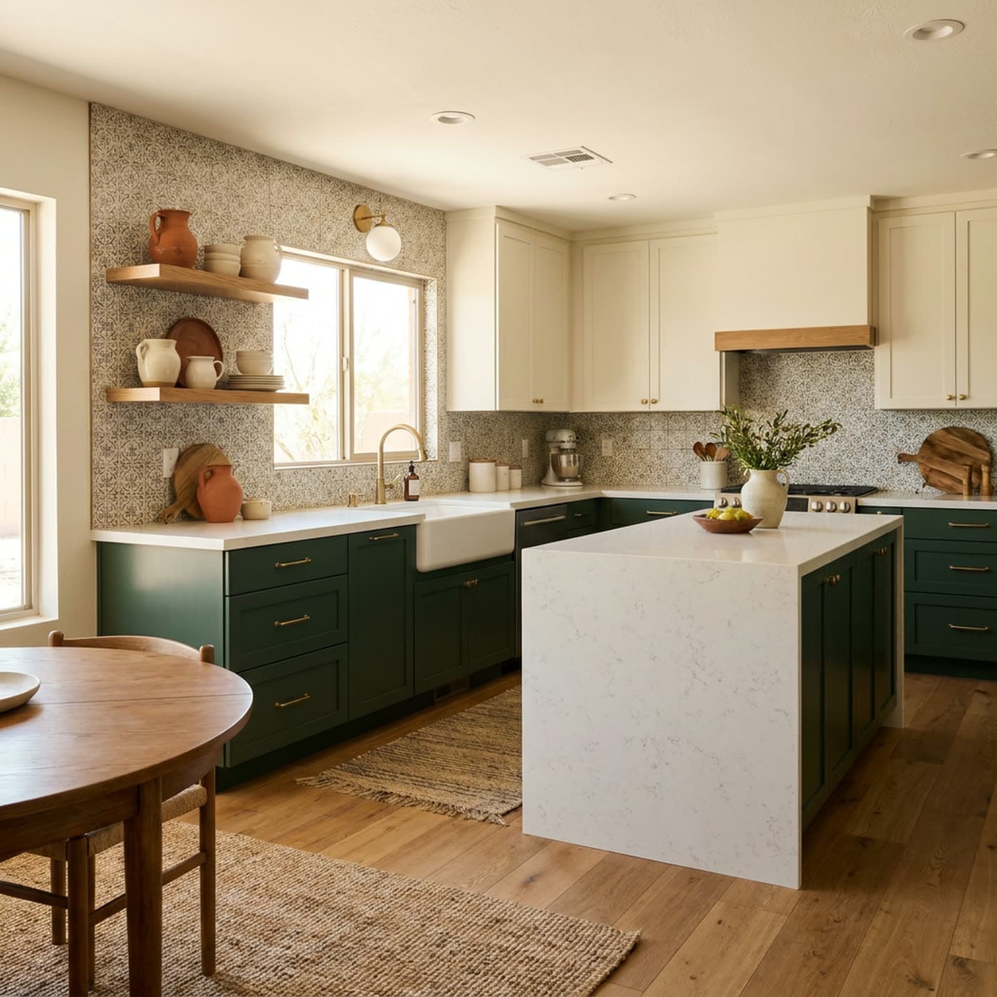 Reference image: a remodeled kitchen with an island, shaker cabinets, and pendant lighting